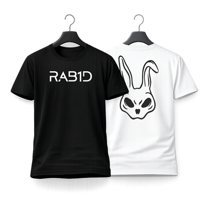 Black t-shirt with 'RAB1D' text and white t-shirt with rabbit logo on hangers against a white background