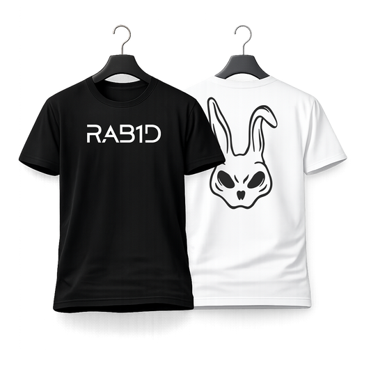 Black t-shirt with 'RAB1D' text and white t-shirt with rabbit logo on hangers against a white background