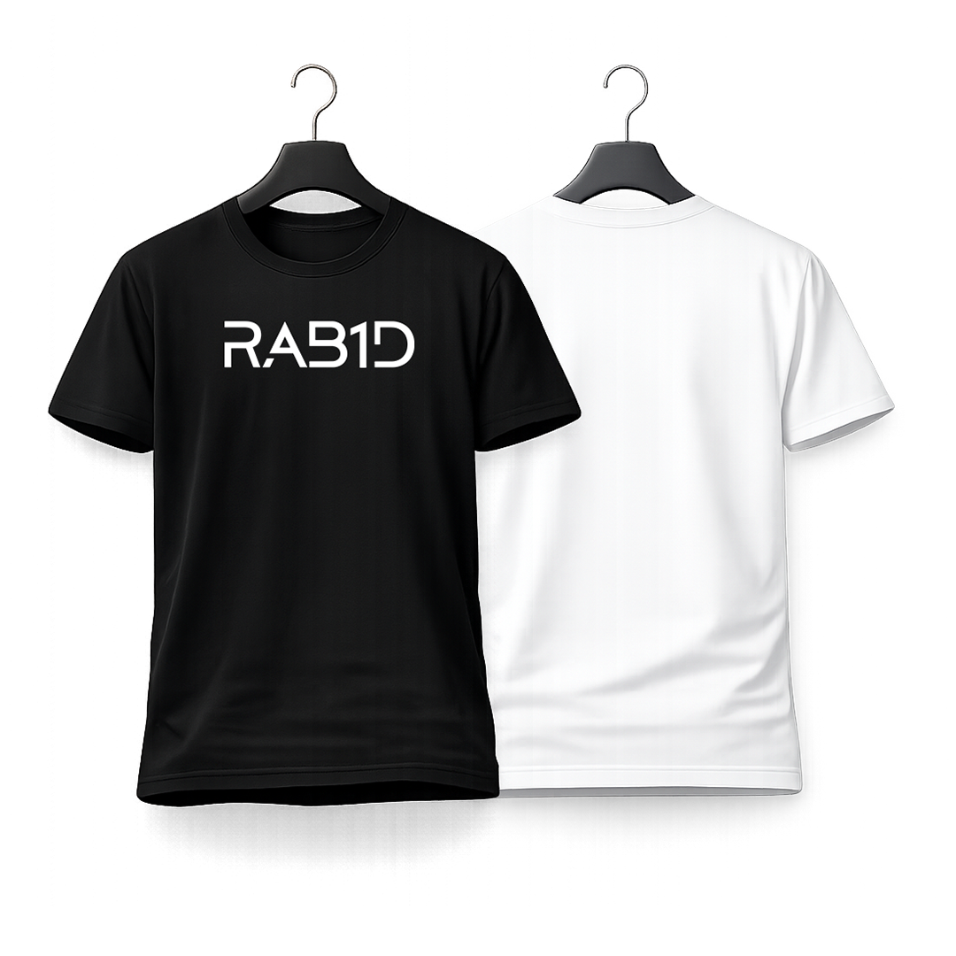 Black and white t-shirts with 'RAB1D' text on hangers against a white background