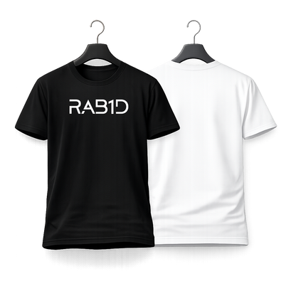 Black and white t-shirts with 'RAB1D' text on hangers against a white background