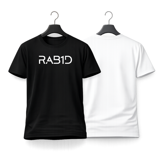 Black and white t-shirts with 'RAB1D' text on hangers against a white background