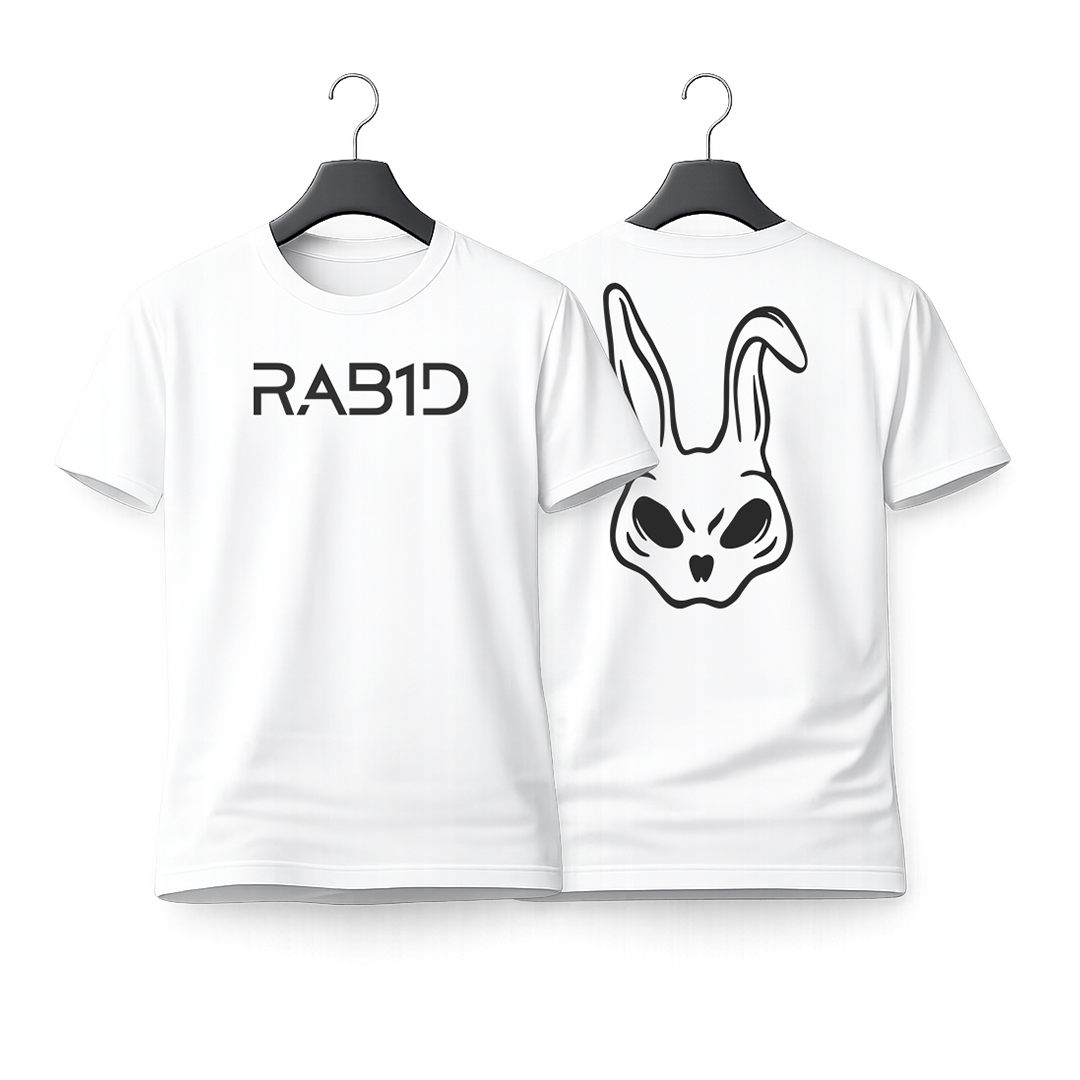 White t-shirt with 'RAB1D' logo on a hanger against a white background