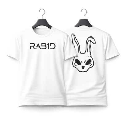White t-shirt with 'RAB1D' logo on a hanger against a white background