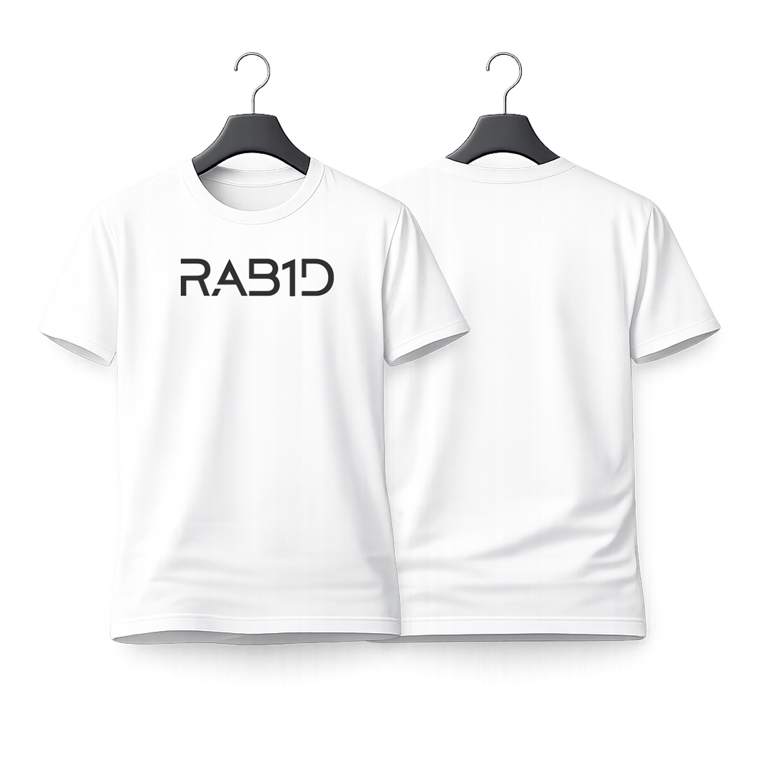 White t-shirt with 'RAB1D' logo on a white background