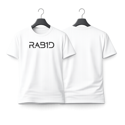 White t-shirt with 'RAB1D' logo on a white background