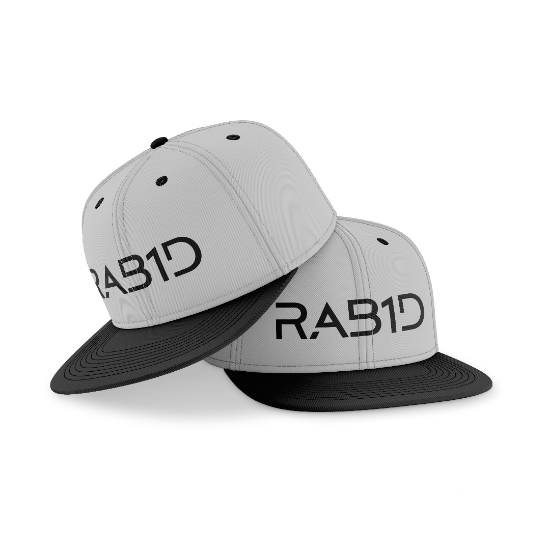 Two gray and black caps with 'RAB1D' logo on a white background