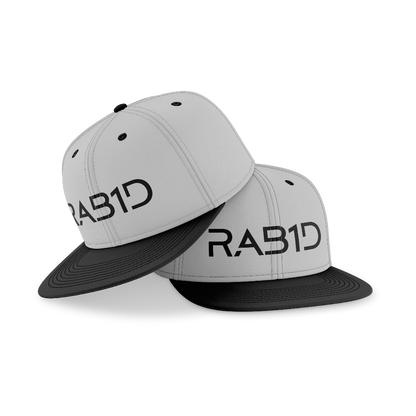 Two gray and black caps with 'RAB1D' logo on a white background