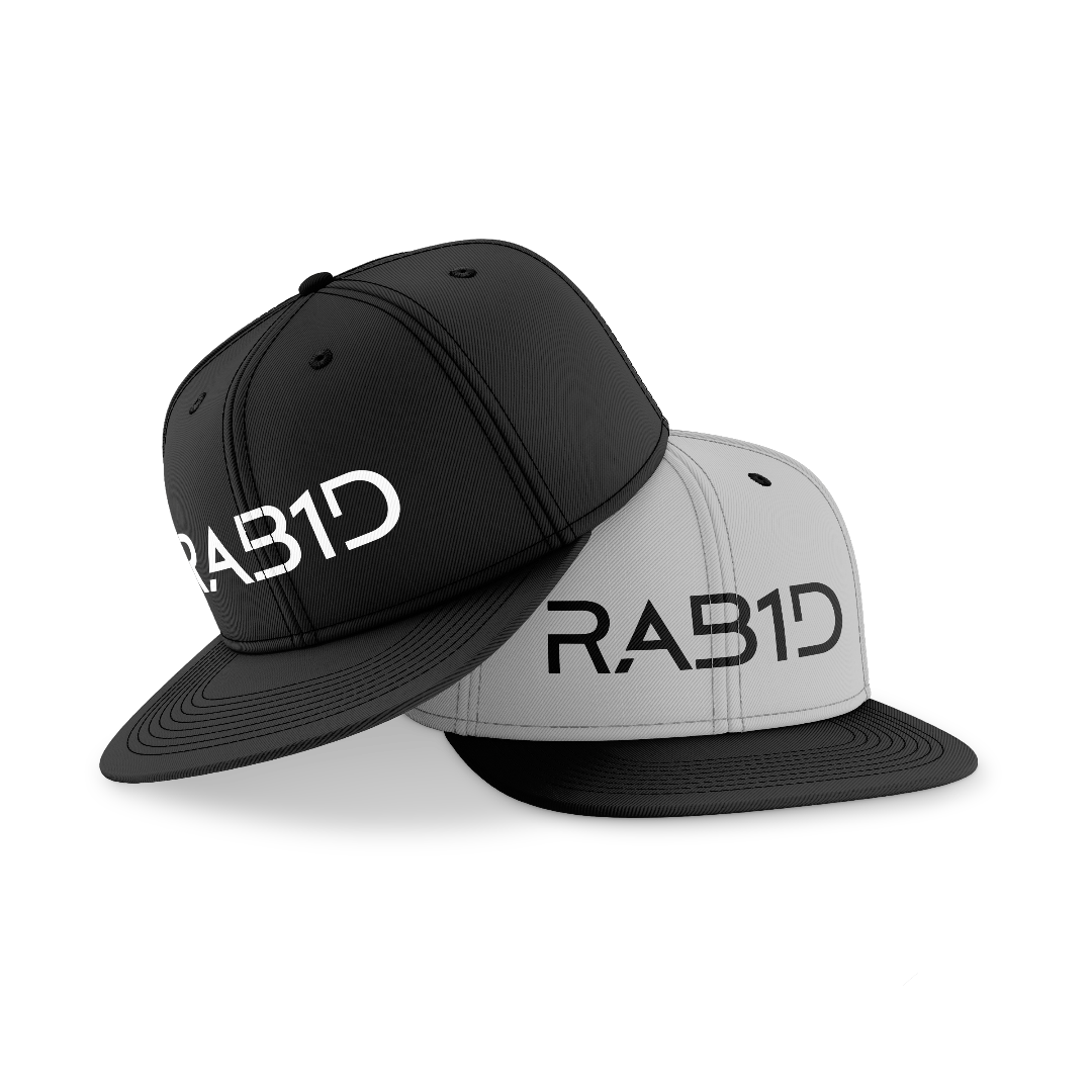 Two black and gray caps with 'RAB1D' logo on a white background