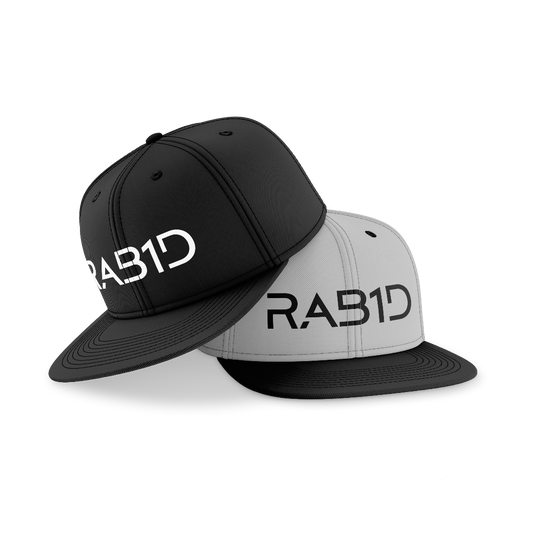 Two black and gray caps with 'RAB1D' logo on a white background