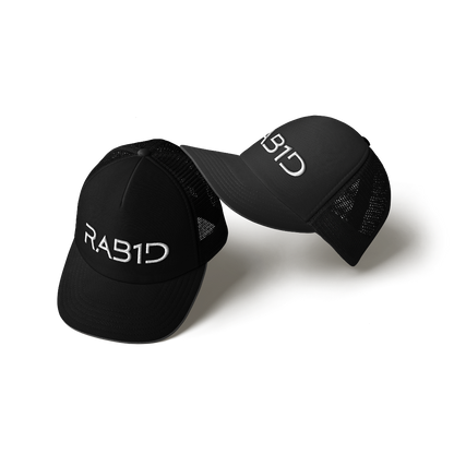 Two black caps with 'RAB1D' branding on a white background