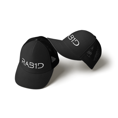 Two black caps with 'RAB1D' branding on a white background