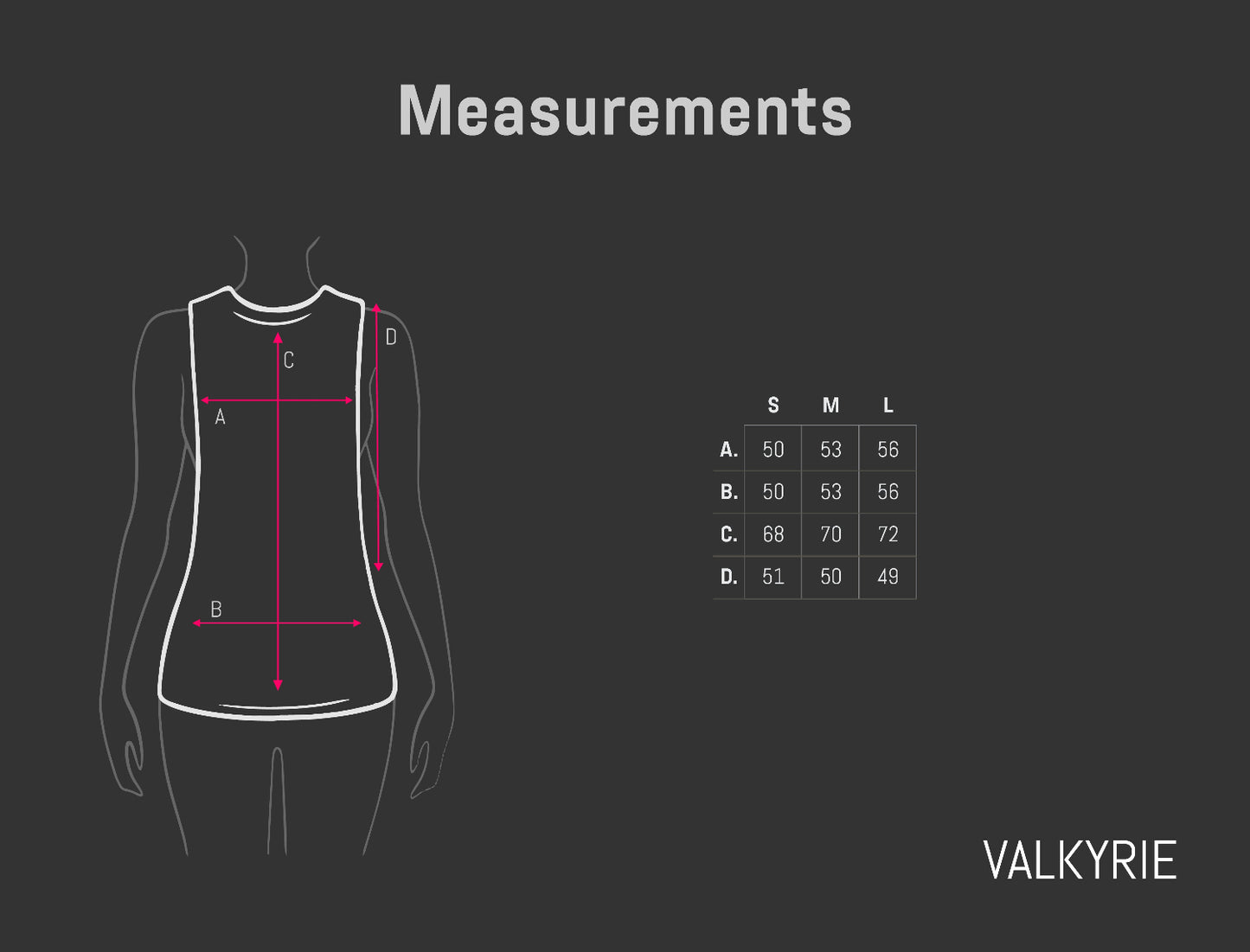 Measurement chart for a tank top with a silhouette and size guide on a dark background, featuring the brand 'Valkyrie'.