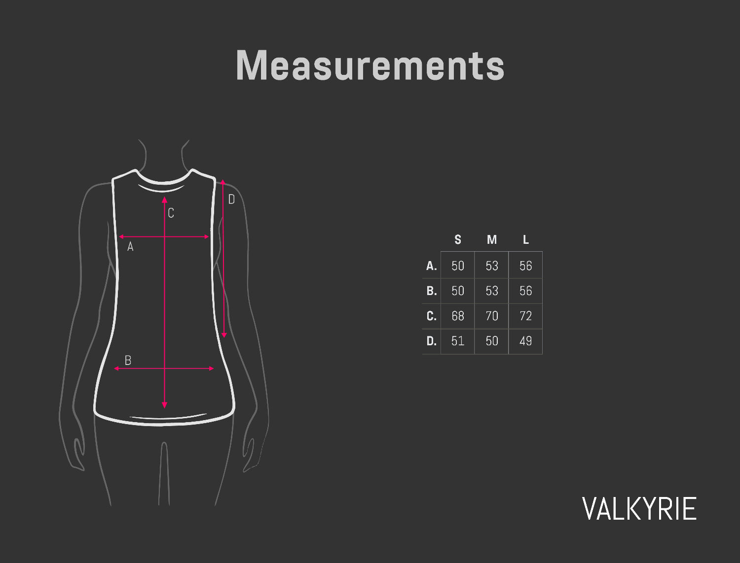 Measurement chart for a tank top with a silhouette and size guide on a dark background, featuring the brand 'Valkyrie'.
