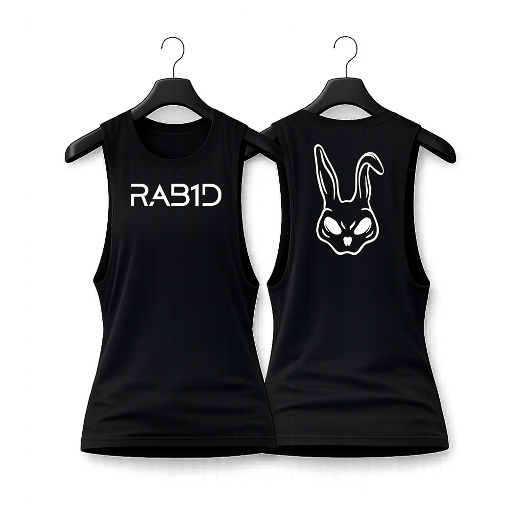 Two black tank tops on hangers with 'RAB1D' text and rabbit graphic.