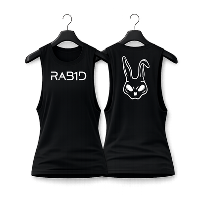 Two black tank tops on hangers with 'RAB1D' text and rabbit graphic.