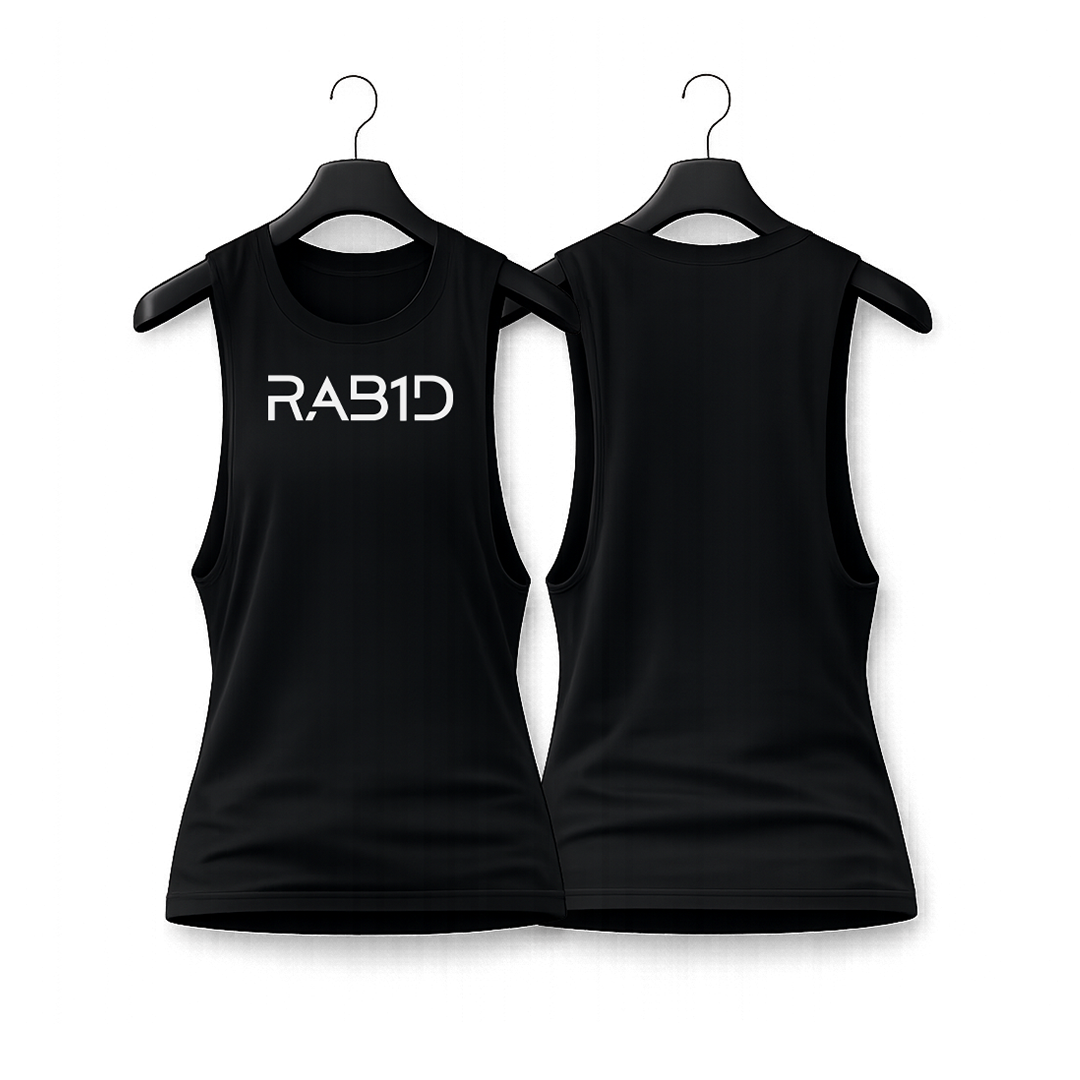Two black tank tops on hangers with 'RAB1D' printed on them against a white background.