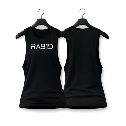 Two black tank tops on hangers with 'RAB1D' printed on them against a white background.