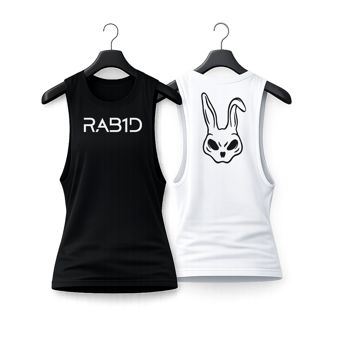 Black and white tank tops with 'RAB1D' logo and rabbit design on hangers against a white background