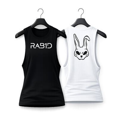 Black and white tank tops with 'RAB1D' logo and rabbit design on hangers against a white background