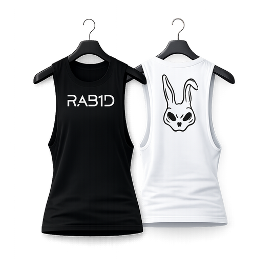 Black and white tank tops with 'RAB1D' logo and rabbit design on hangers against a white background