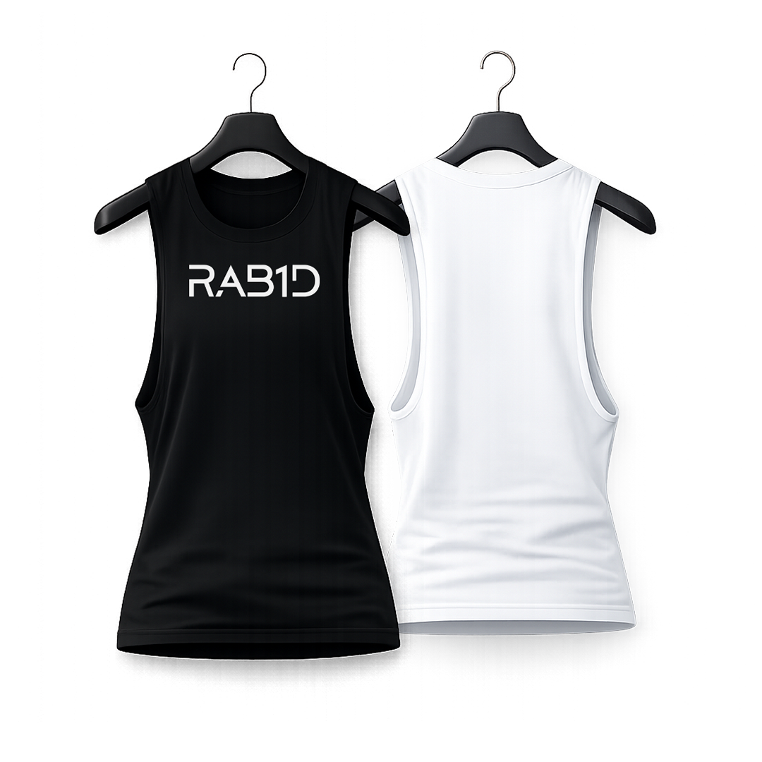 Black and white tank tops with 'RAB1D' logo on hangers against a white background