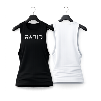 Black and white tank tops with 'RAB1D' logo on hangers against a white background