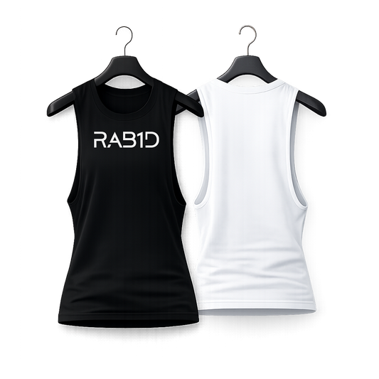 Black and white tank tops with 'RAB1D' logo on hangers against a white background