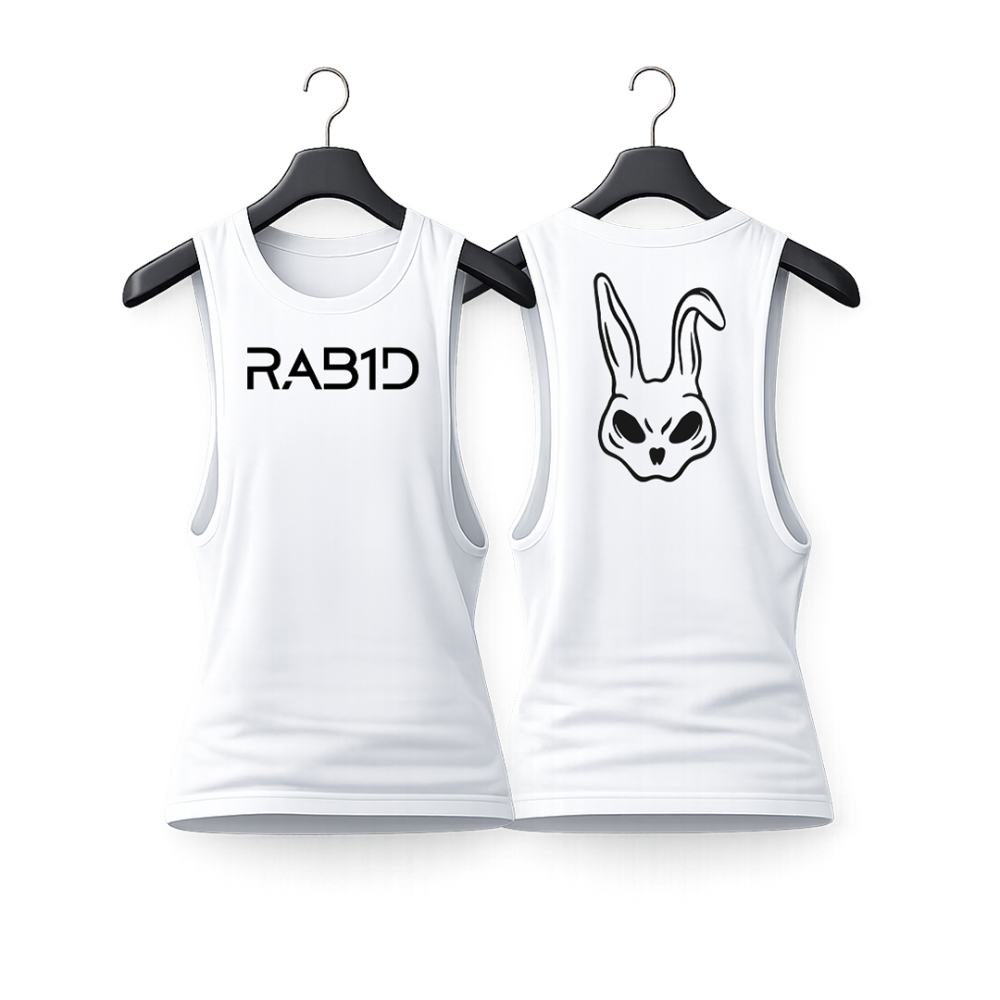 Two white tank tops on hangers with 'RAB1D' text and rabbit graphic design.
