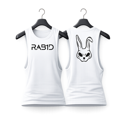 Two white tank tops on hangers with 'RAB1D' text and rabbit graphic design.