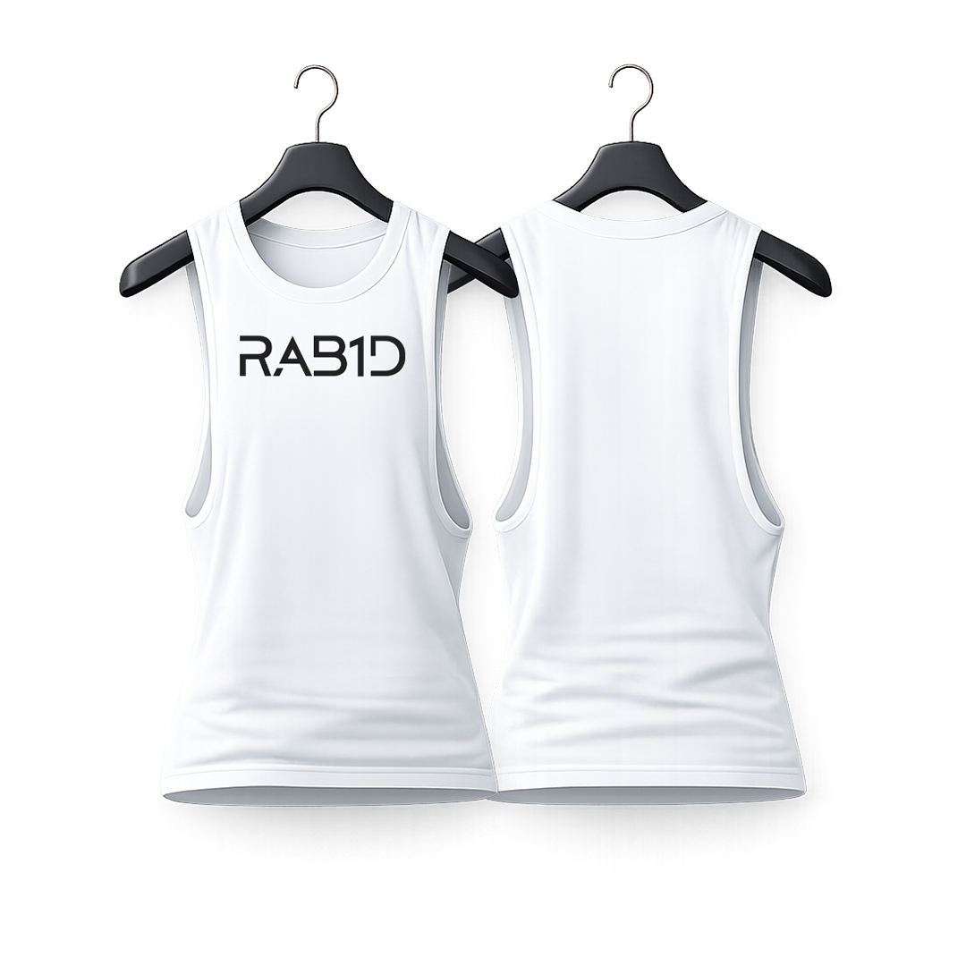 White tank top with 'RAB1D' logo on a white background