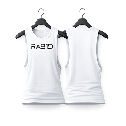 White tank top with 'RAB1D' logo on a white background