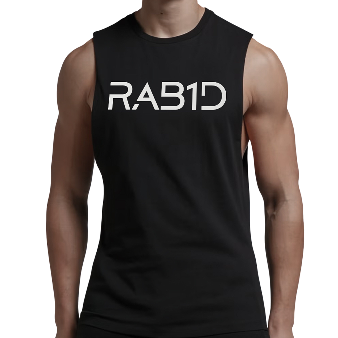 Black sleeveless shirt with 'RAB1D' printed on it worn by a person