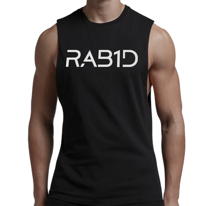 Black sleeveless shirt with 'RAB1D' printed on it worn by a person