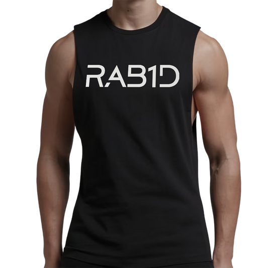 Black sleeveless shirt with 'RAB1D' printed on it worn by a person