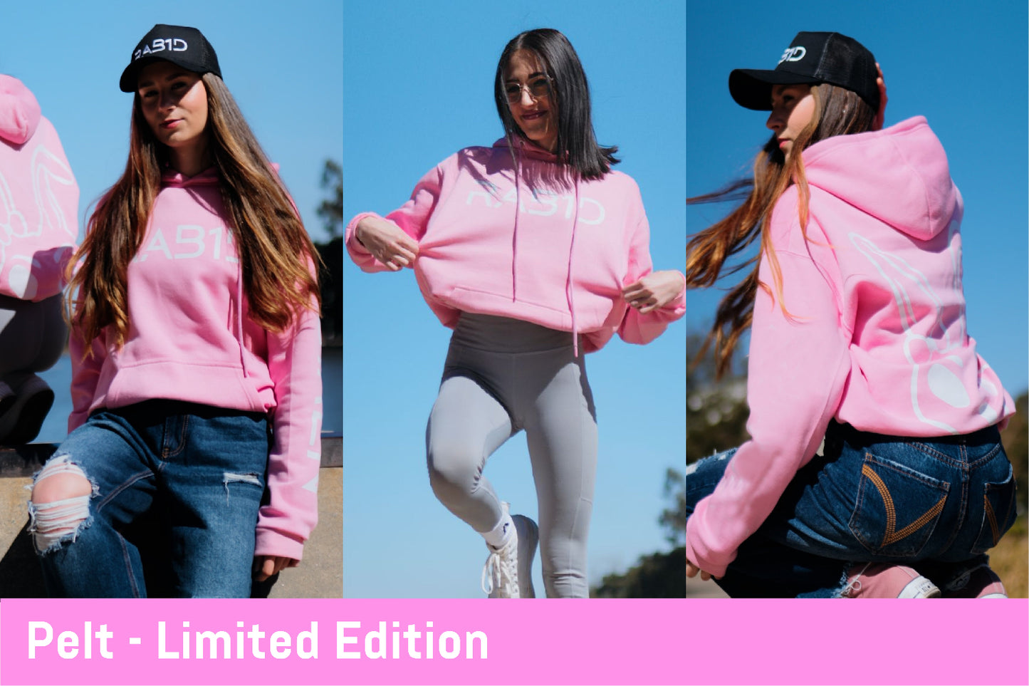 Collage of a person wearing a pink hoodie with a brand logo and bunny logo on the back, outdoors.