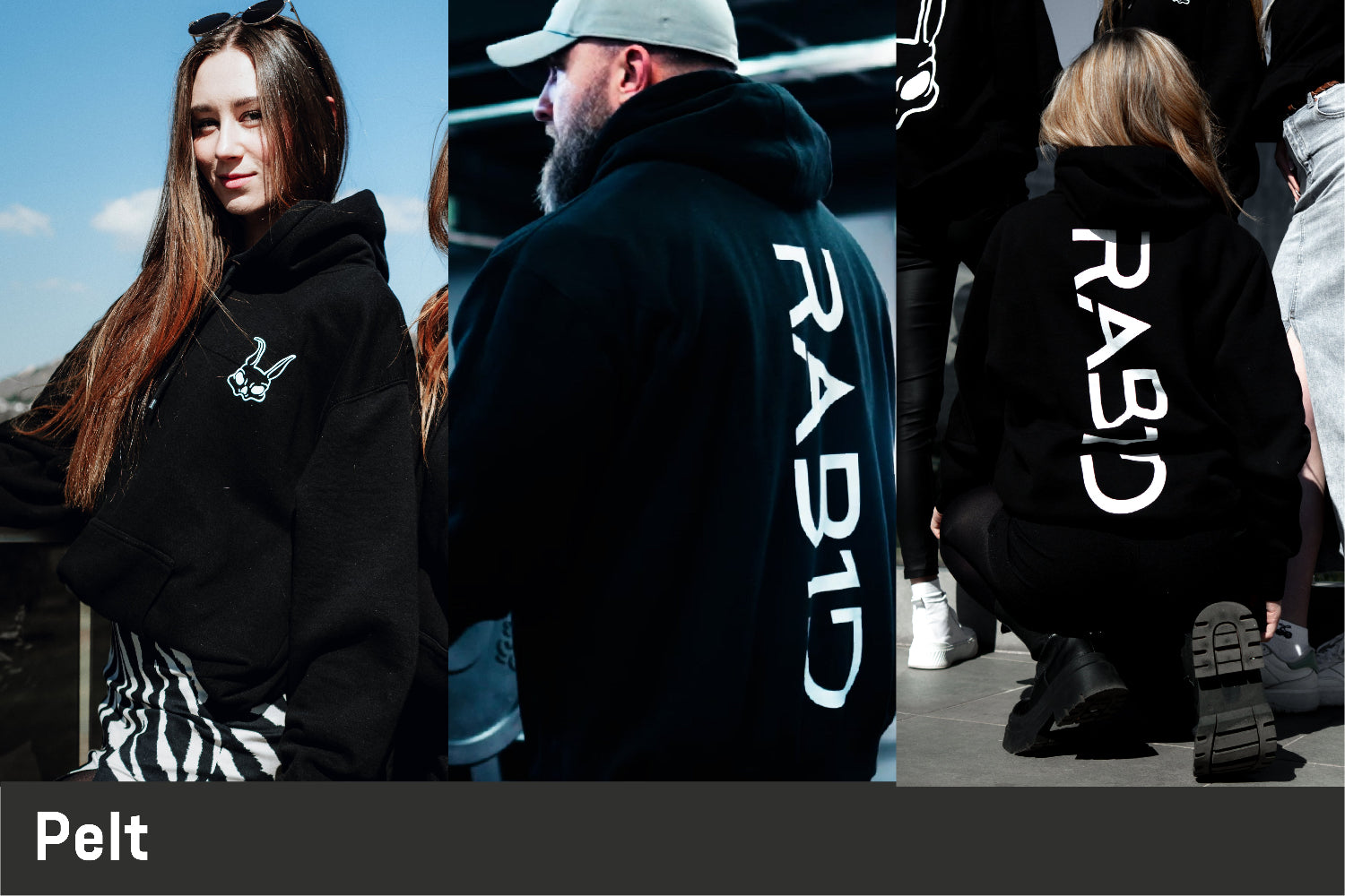 People wearing black hoodies with 'RABID' branding, one person is shown from behind.