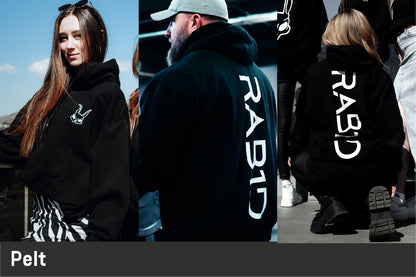 People wearing black hoodies with 'RABID' branding, one person is shown from behind.