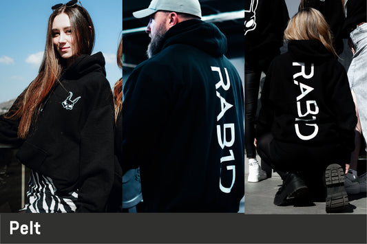 People wearing black hoodies with 'RABID' branding, one person is shown from behind.