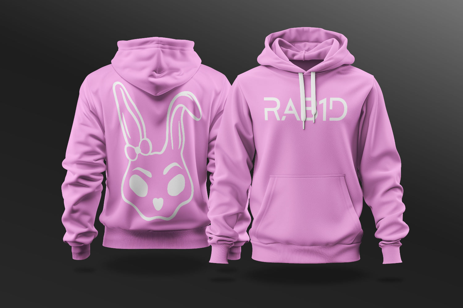 Pink hoodie with bunny logo on front and 'RABID' text on back against a black background