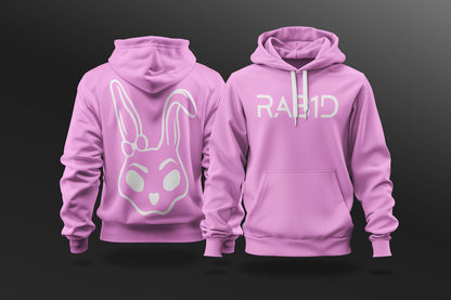 Pink hoodie with bunny logo on front and 'RABID' text on back against a black background