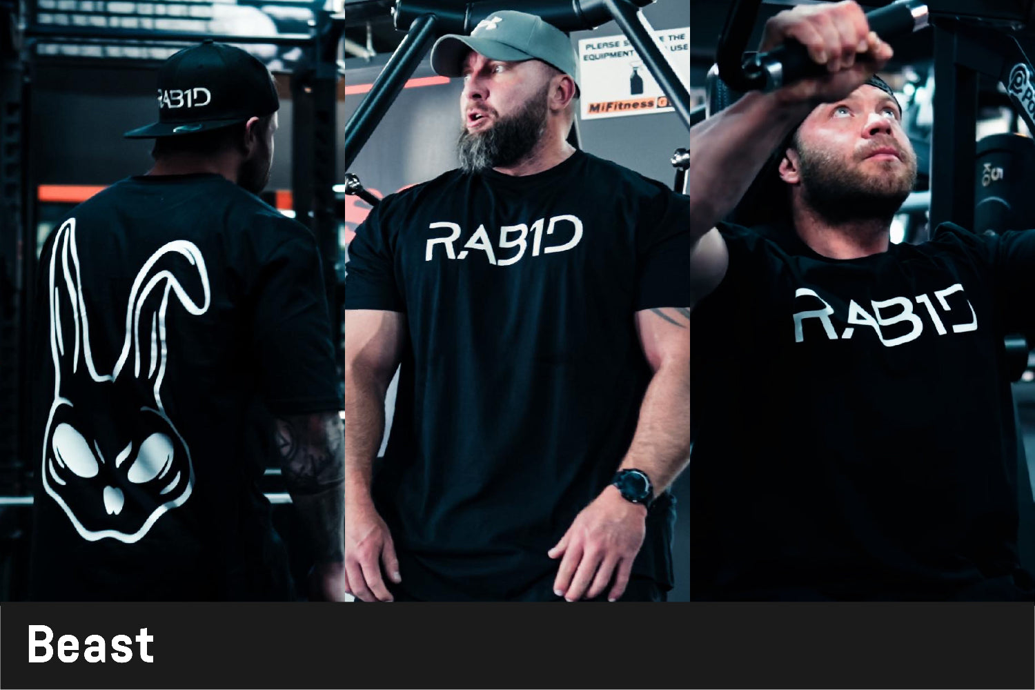 Man wearing a black 'RABID' oversize t-shirt with a logo, standing in a gym setting.