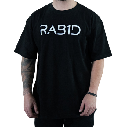 Person wearing a black t-shirt with 'RAB1D' printed on it against a white background