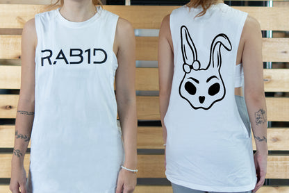 White Womens tank top with 'RAB1D' on the front and a rabbit face design on the back, worn by two people.