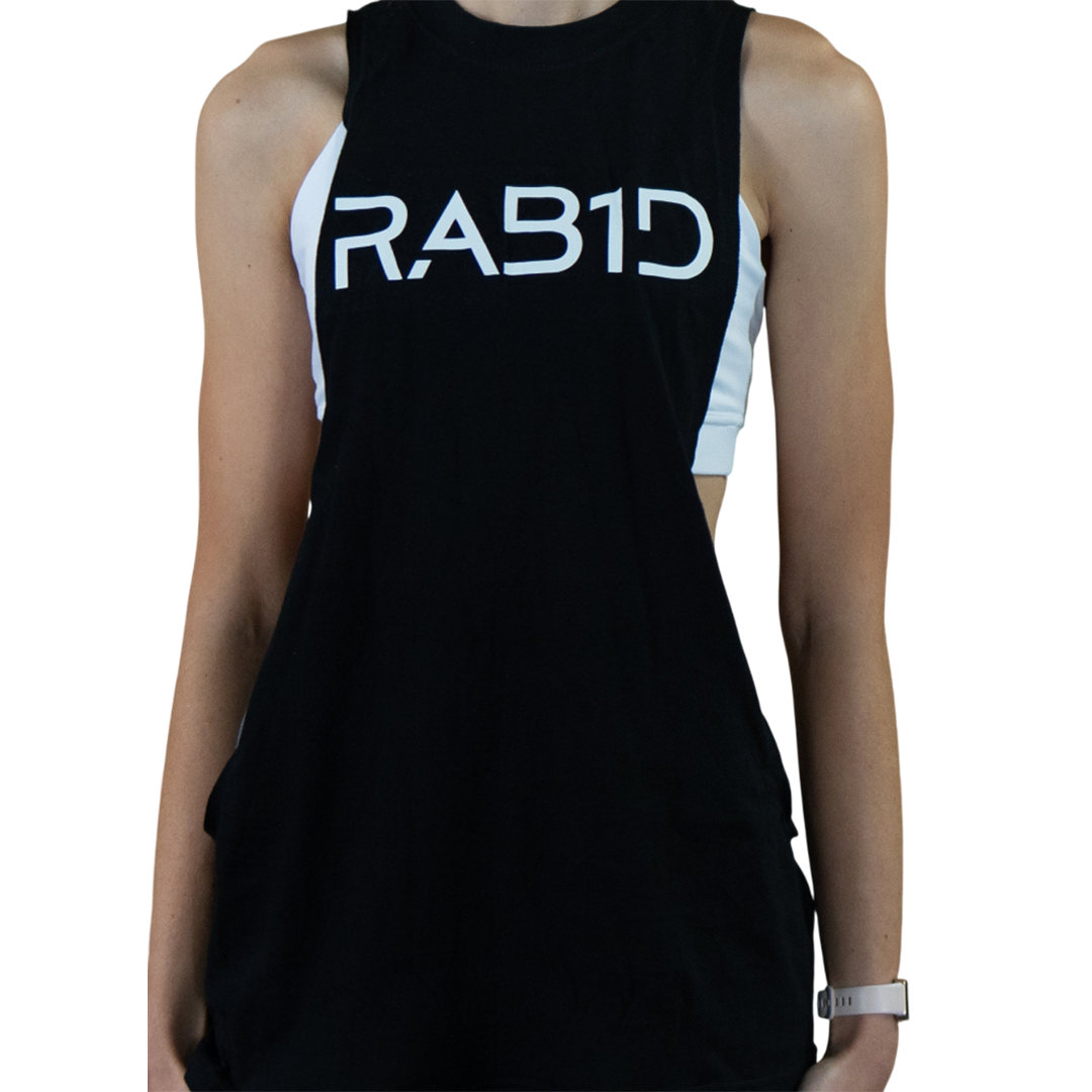 Black sleeveless dress with 'RAB1D' text on a white background