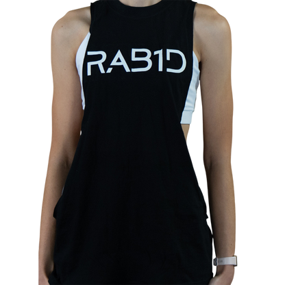 Black sleeveless dress with 'RAB1D' text on a white background