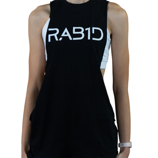 Black sleeveless dress with 'RAB1D' text on a white background
