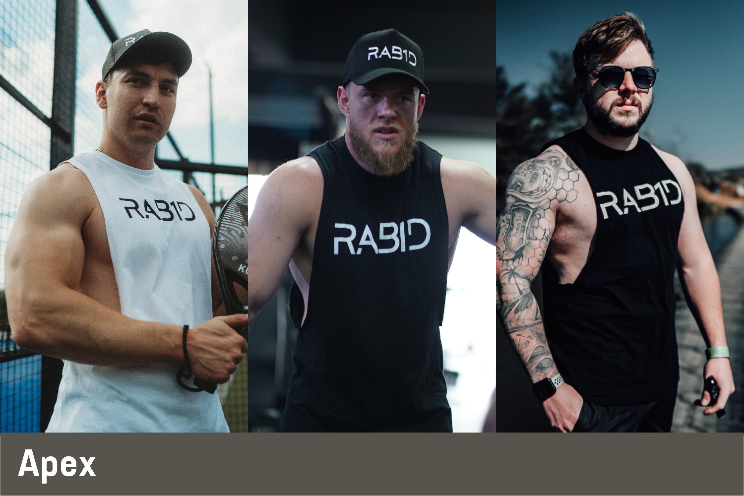 Three men wearing 'RABID' branded clothing in various settings.