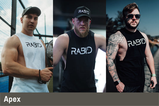 Three men wearing 'RABID' branded clothing in various settings.