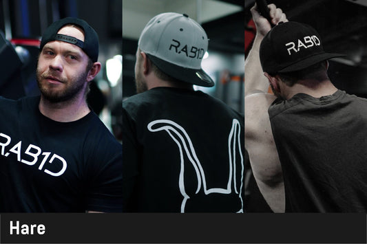 Person wearing a black cap and t-shirt with 'RAB1D' branding, shown from front, back, and side views.