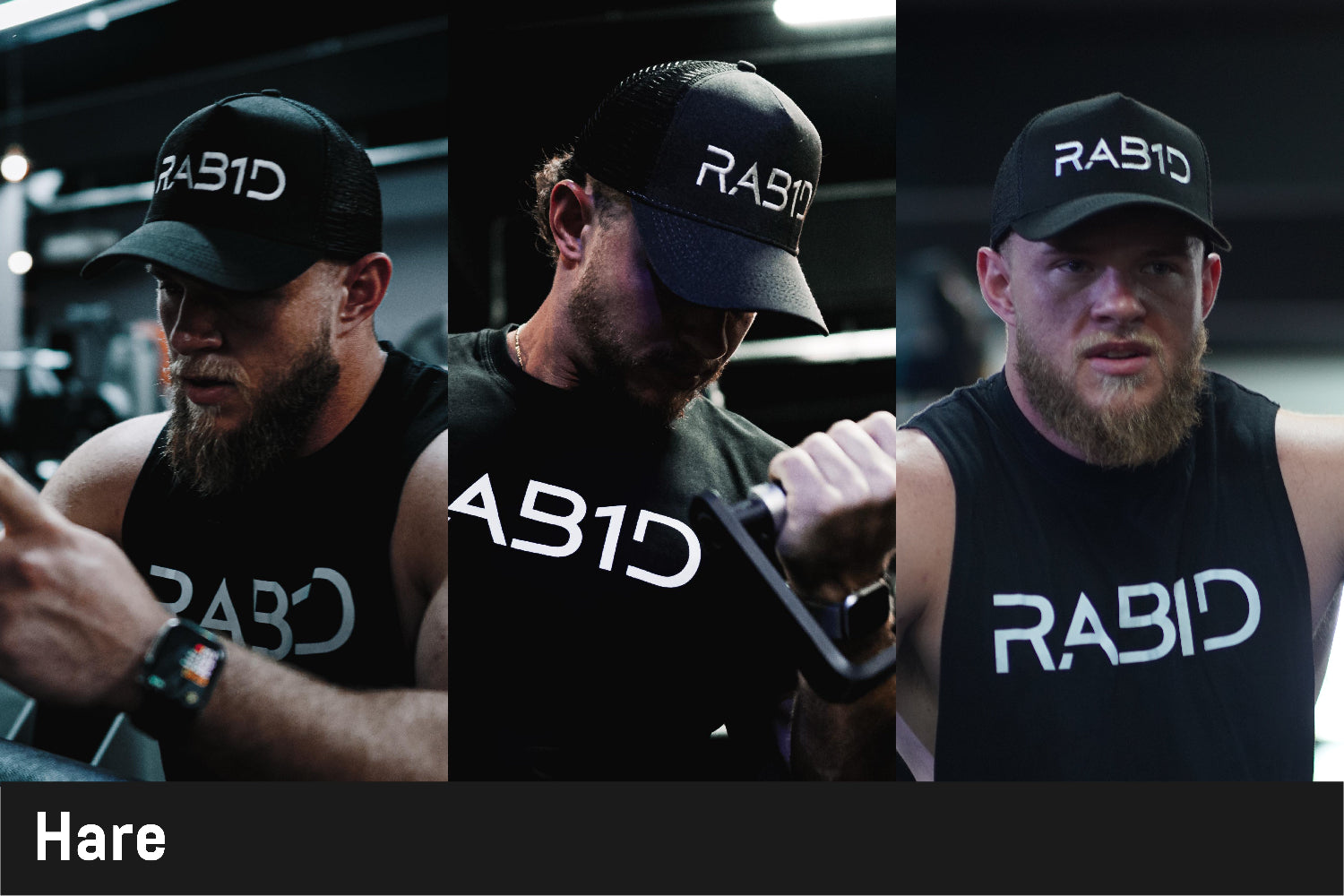 Man wearing a black cap and sleeveless shirt with 'RABID' branding, holding a dumbbell.